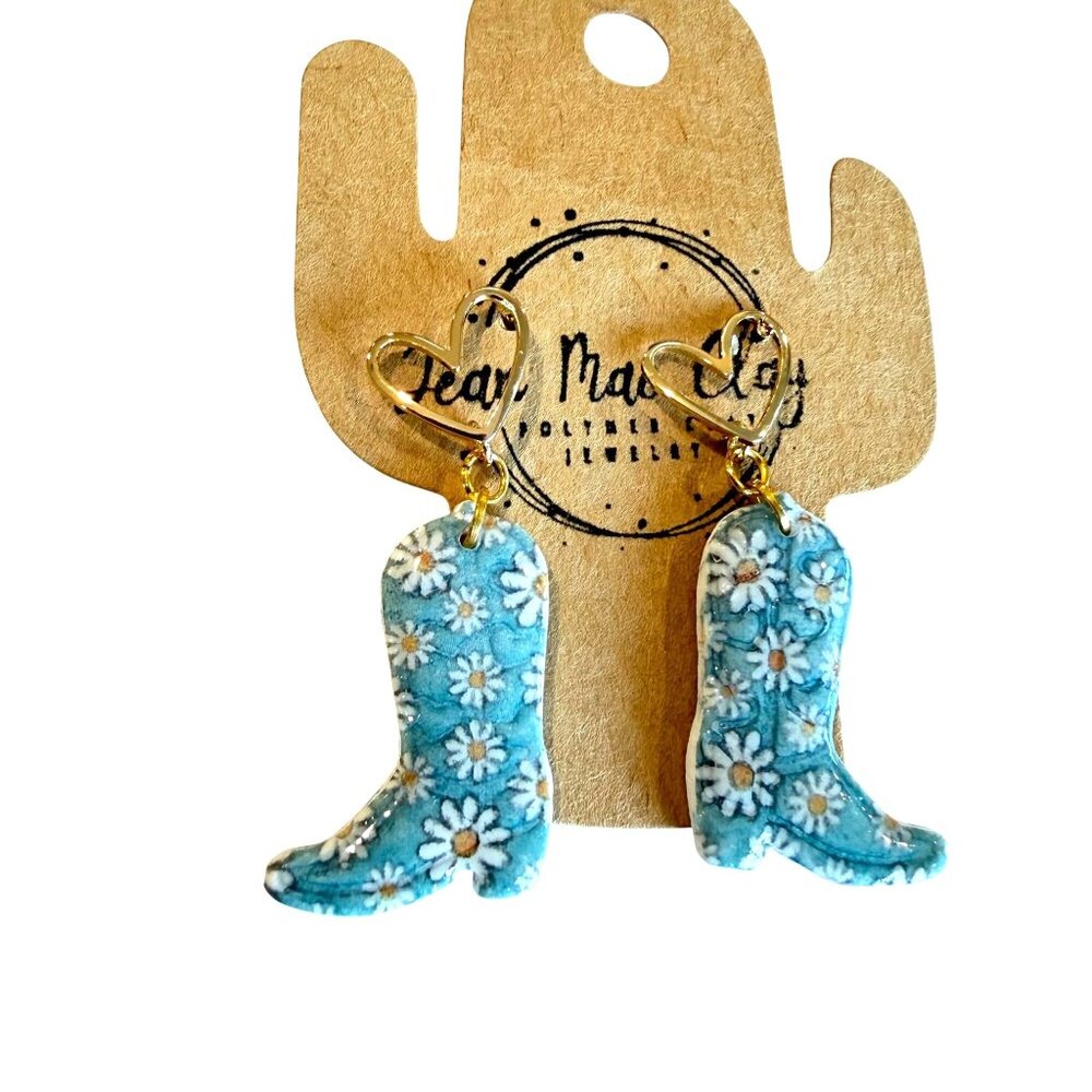 Cowgirl Boot Earrings Heart Studs New Jean Mae Clay Blue Daisy Polymer Clay - Picture 2 of 4